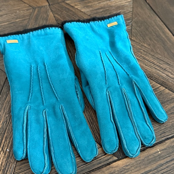 Les Copains Italy Teal Lambskin Angora Gloves Black Fur Lined Size 7